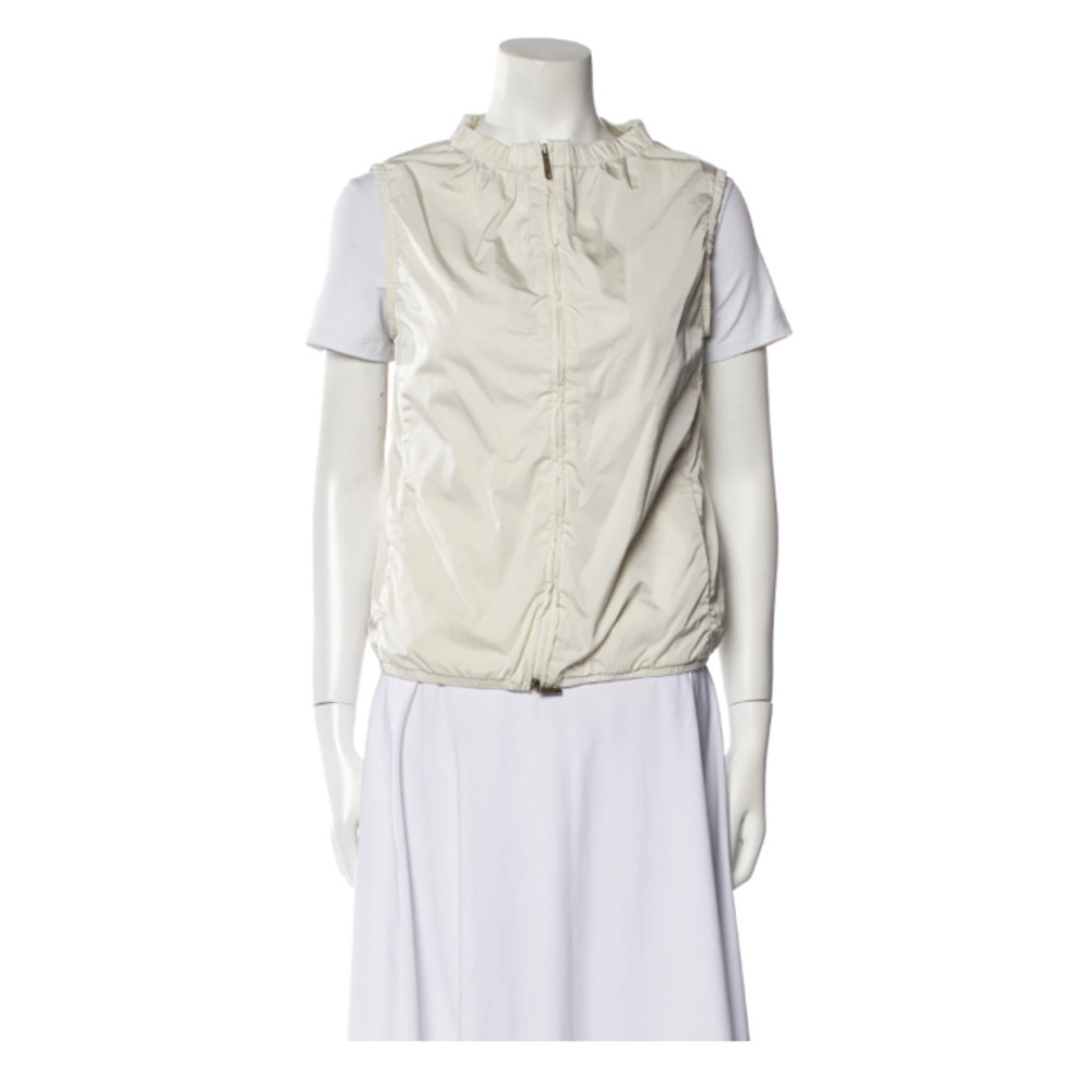 'S Max Mara Women’s Vest Off White Collarless Pockets & Zip Closure‎ Minimalist